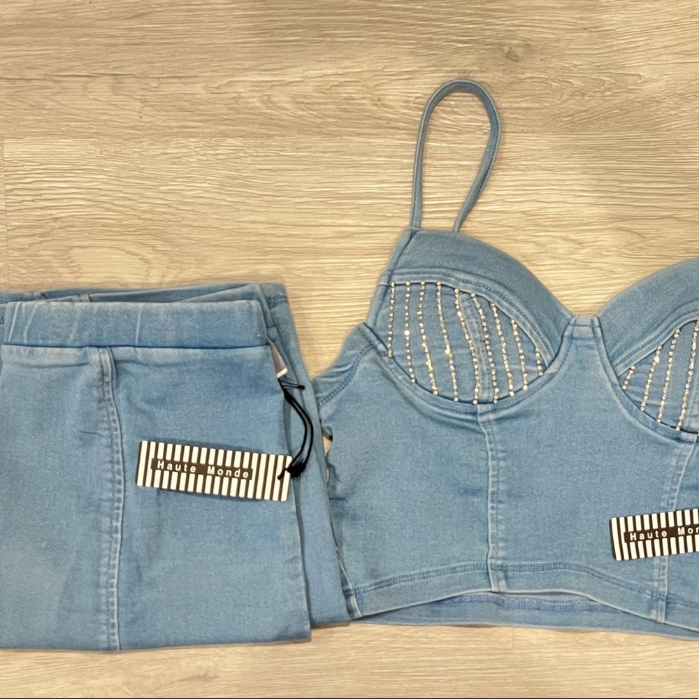 Denim top with rhinestone and skirt set